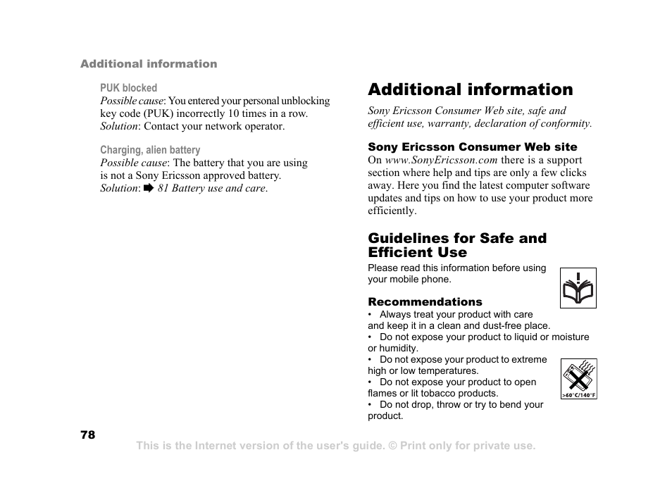 Additional information, Ohibited, 78 guidelines for safe and | Efficient use | Sony Ericsson K750i User Manual | Page 78 / 92