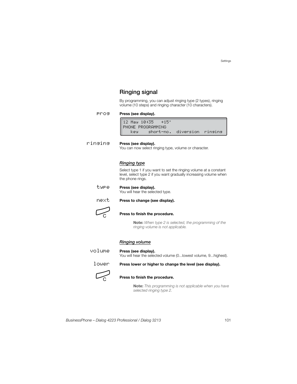 Ringing signal, Ringing type, Ringing volume | Sony Ericsson Dialog 4223 User Manual | Page 101 / 132