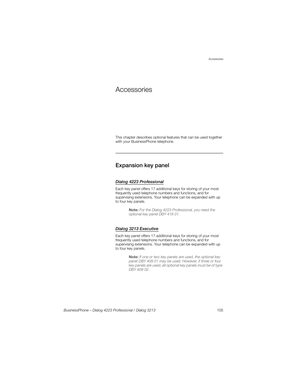 Accessories, Expansion key panel, Dialog 4223 professional | Dialog 3213 executive, Section | Sony Ericsson Dialog 4223 User Manual | Page 105 / 132