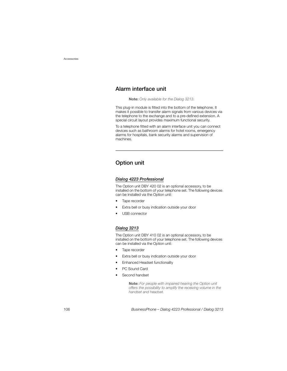 Alarm interface unit, Option unit, Dialog 4223 professional | Dialog 3213 | Sony Ericsson Dialog 4223 User Manual | Page 106 / 132