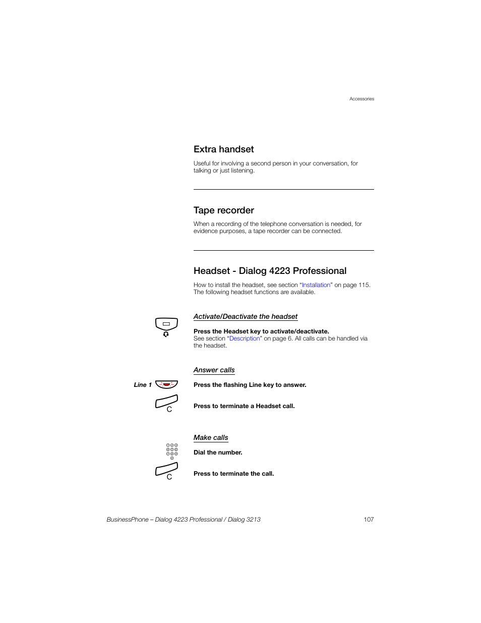 Extra handset, Tape recorder, Headset - dialog 4223 professional | Activate/deactivate the headset, Answer calls, Make calls | Sony Ericsson Dialog 4223 User Manual | Page 107 / 132