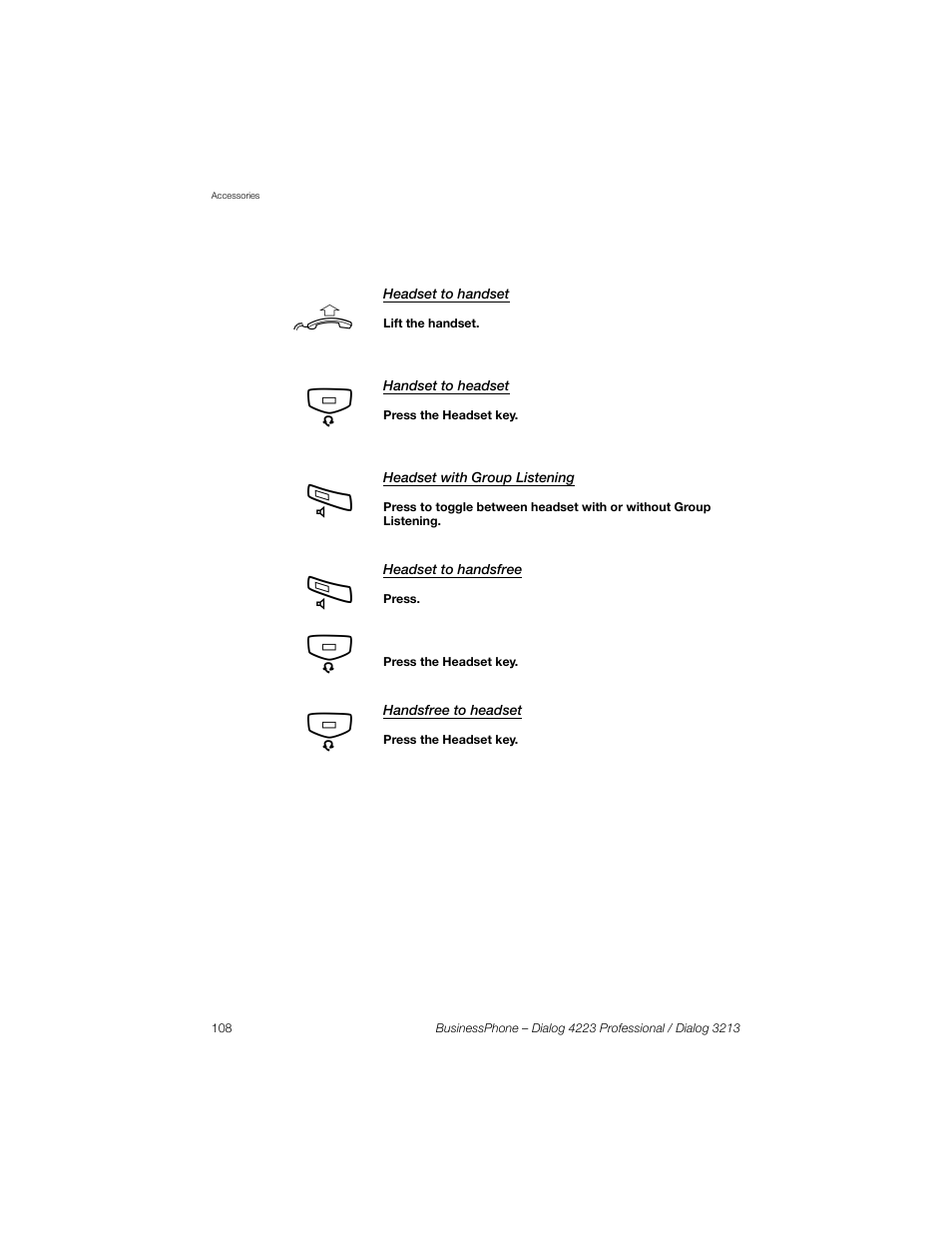 Headset to handset, Handset to headset, Headset with group listening | Headset to handsfree, Handsfree to headset | Sony Ericsson Dialog 4223 User Manual | Page 108 / 132