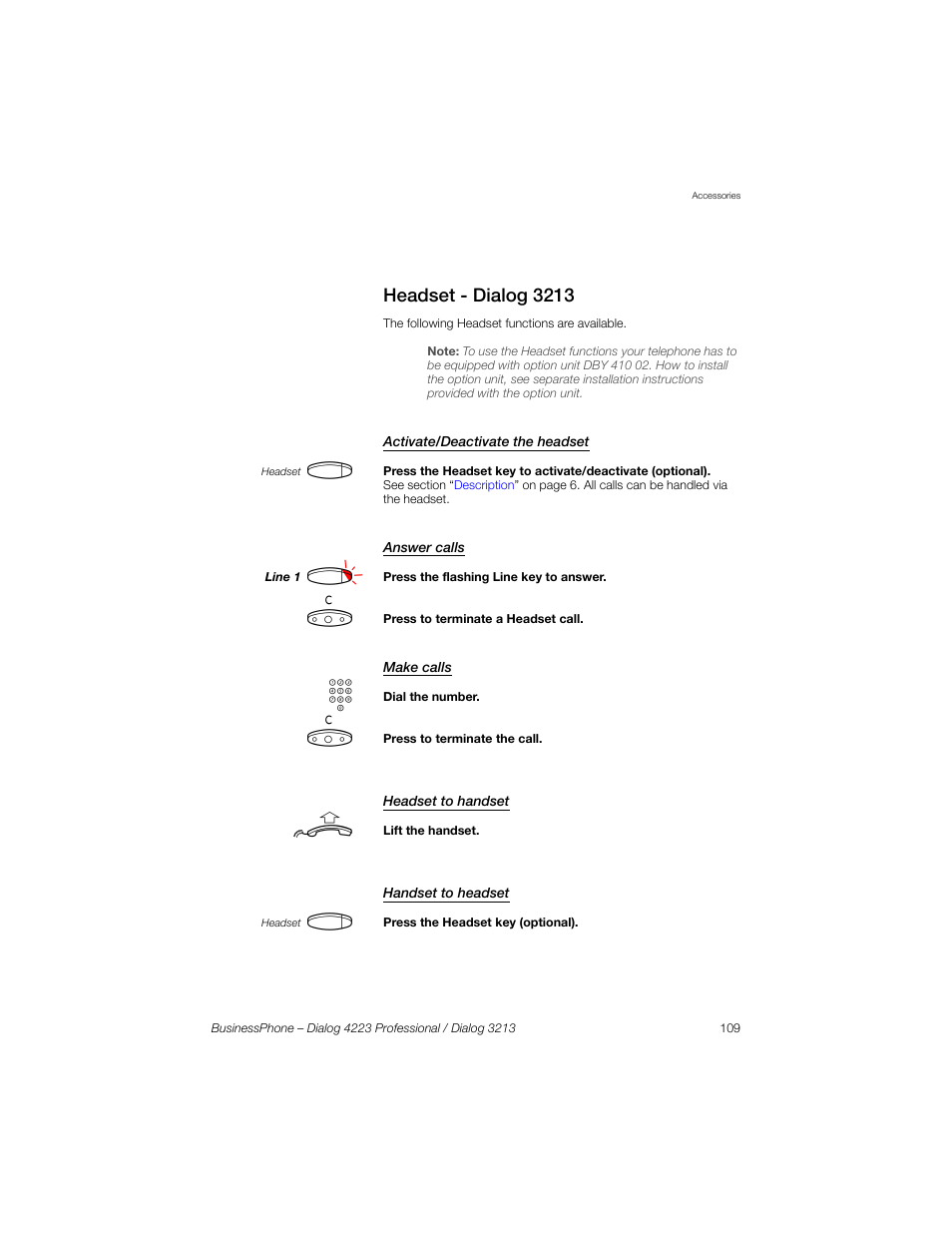 Headset - dialog 3213, Activate/deactivate the headset, Answer calls | Make calls, Headset to handset, Handset to headset | Sony Ericsson Dialog 4223 User Manual | Page 109 / 132