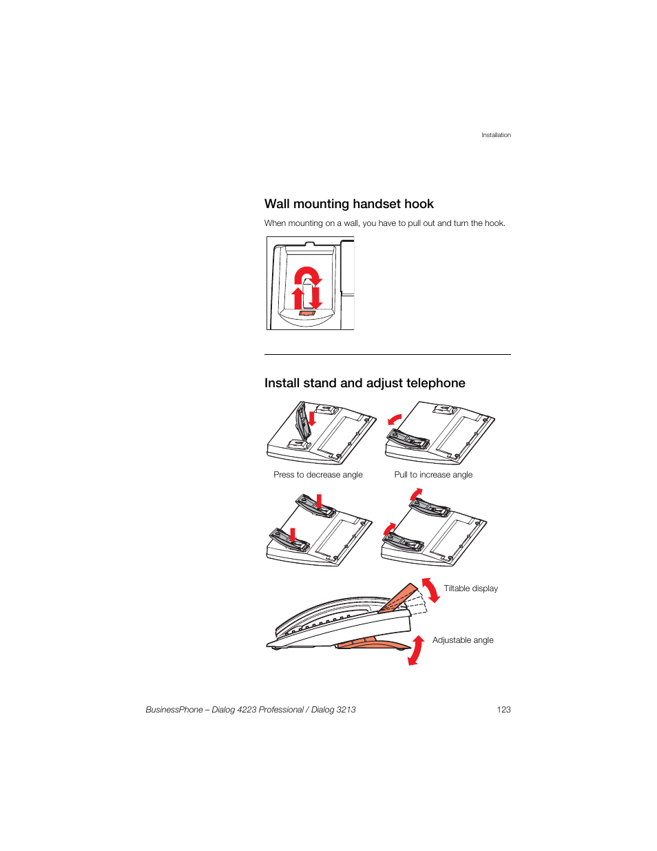 Wall mounting handset hook, Install stand and adjust telephone | Sony Ericsson Dialog 4223 User Manual | Page 123 / 132