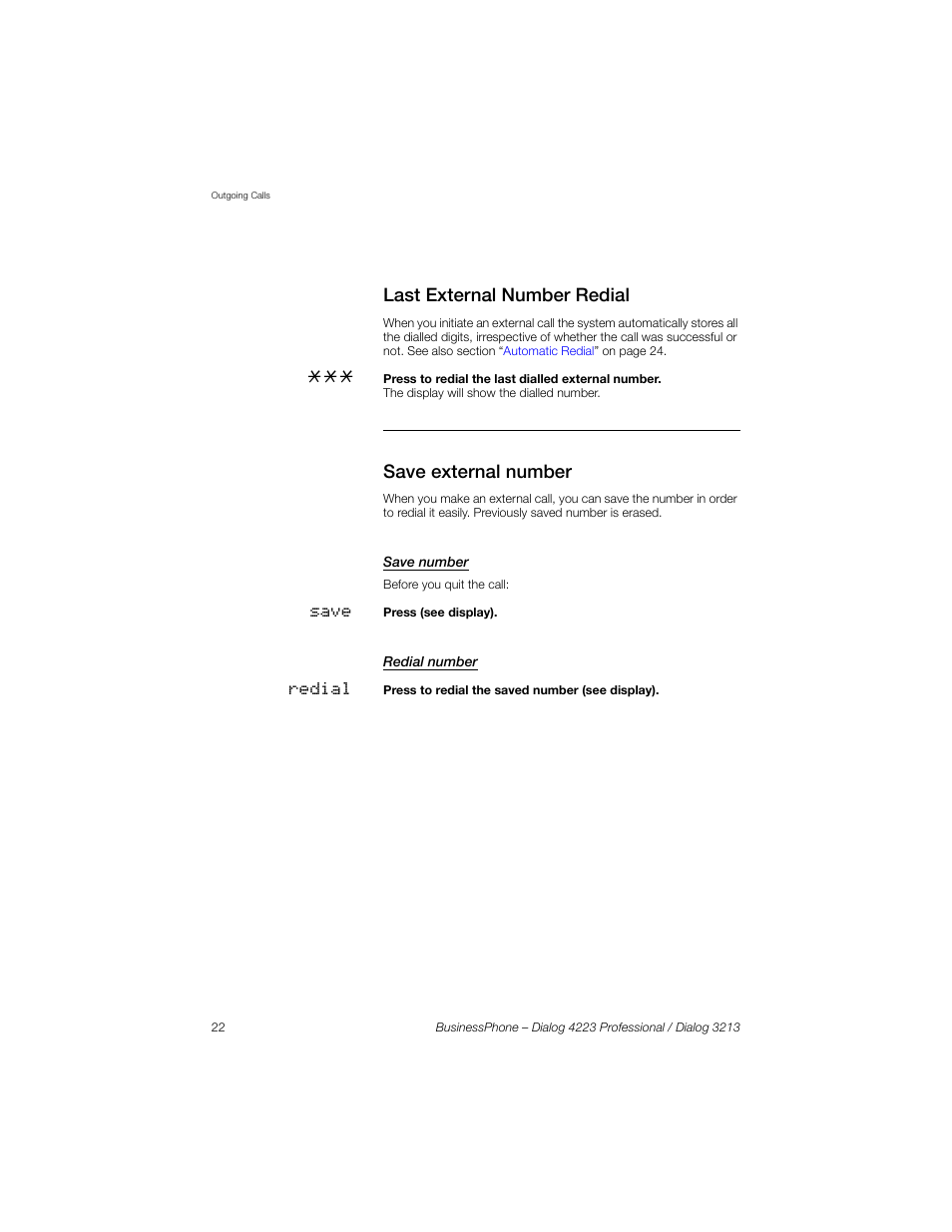 Last external number redial, Save external number, Save number | Redial number | Sony Ericsson Dialog 4223 User Manual | Page 22 / 132