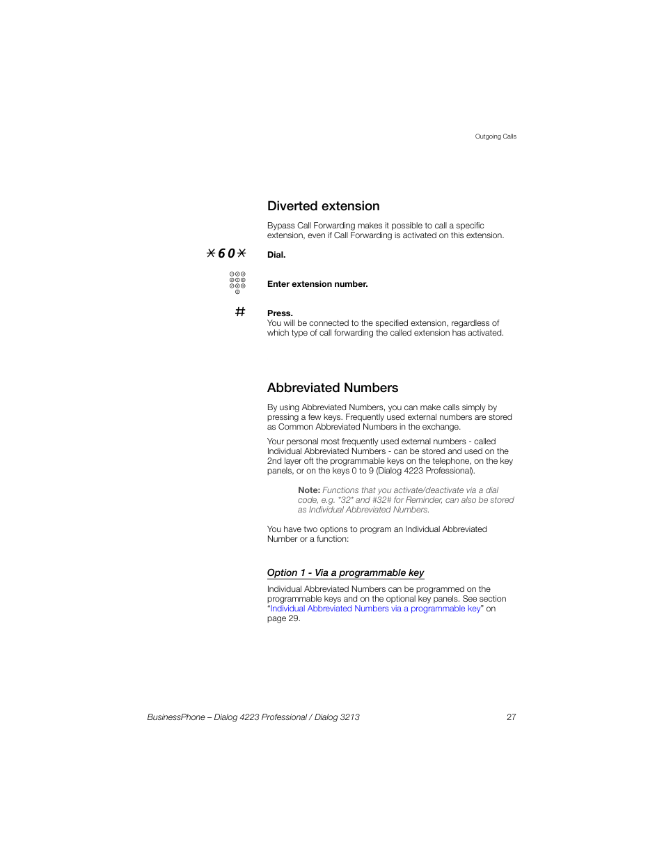 Diverted extension, Abbreviated numbers, Option 1 - via a programmable key | Sony Ericsson Dialog 4223 User Manual | Page 27 / 132