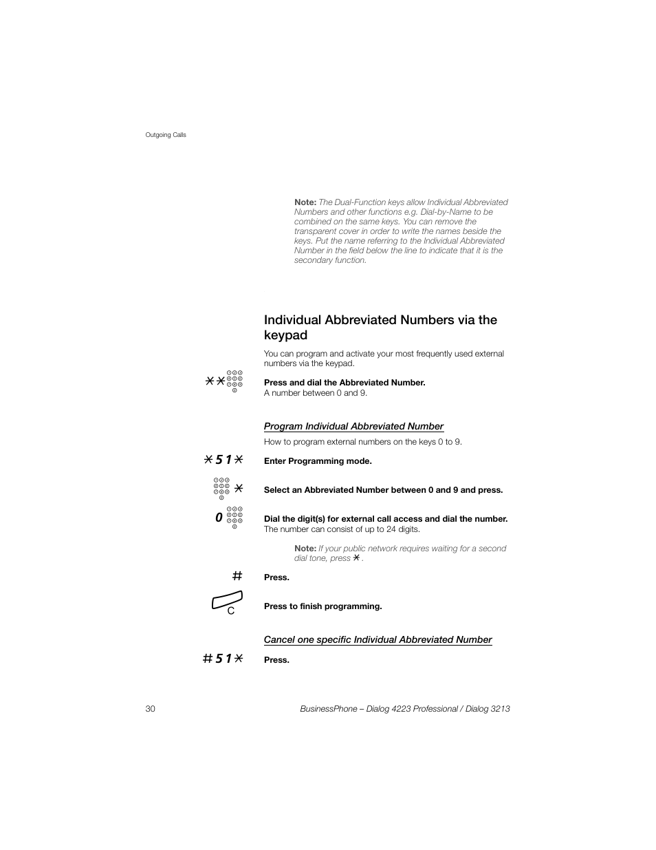 Individual abbreviated numbers via the keypad, Program individual abbreviated number, Cancel one specific individual abbreviated number | Ection, Individual abbreviated, Numbers via the keypad | Sony Ericsson Dialog 4223 User Manual | Page 30 / 132