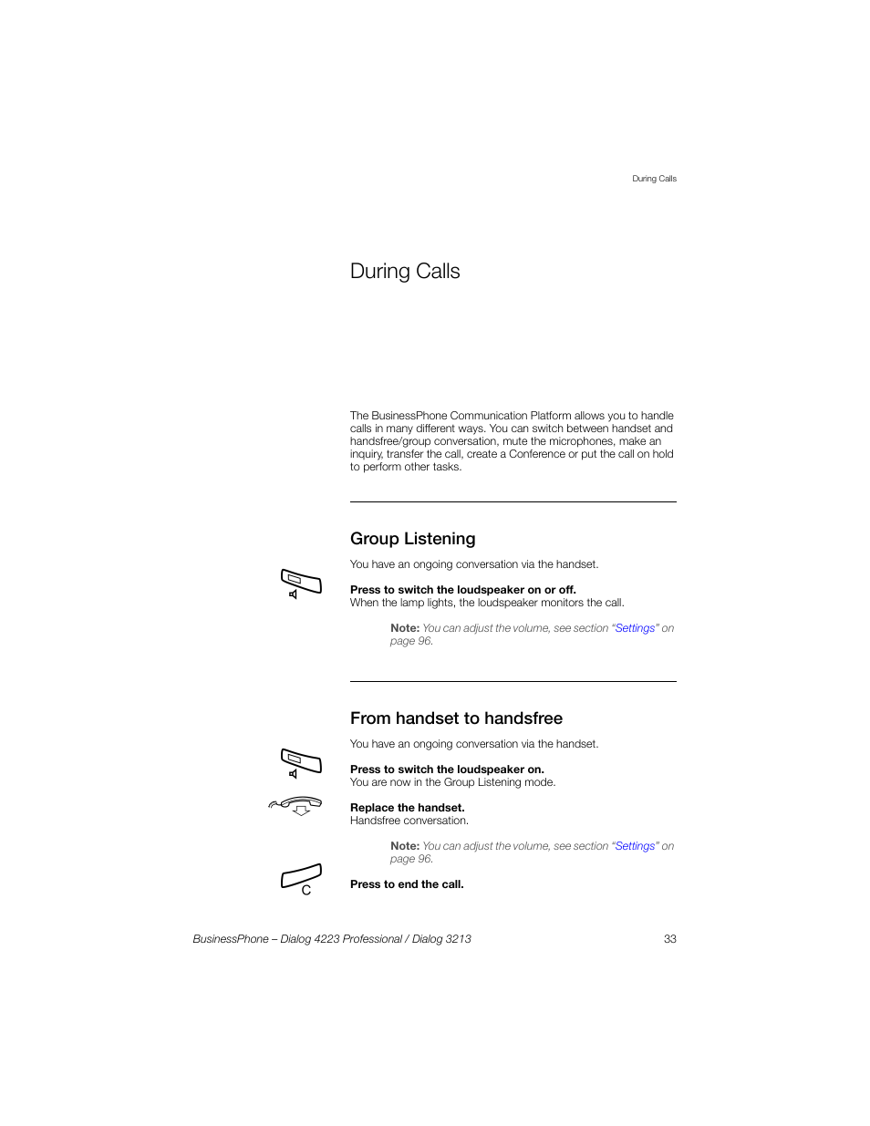 During calls, Group listening, From handset to handsfree | Ongoing call. see section, Ions, E section, Section | Sony Ericsson Dialog 4223 User Manual | Page 33 / 132