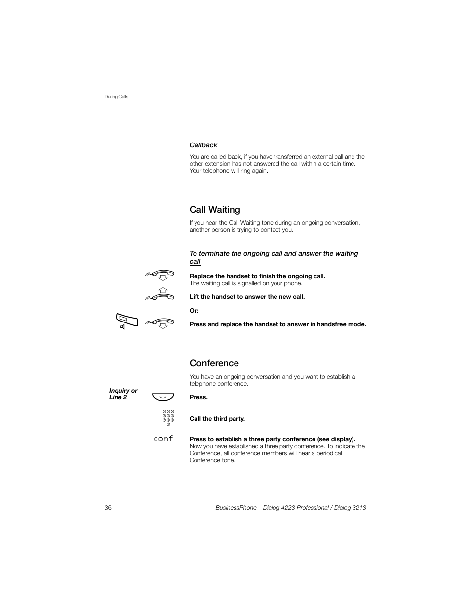 Callback, Call waiting, Conference | Sony Ericsson Dialog 4223 User Manual | Page 36 / 132