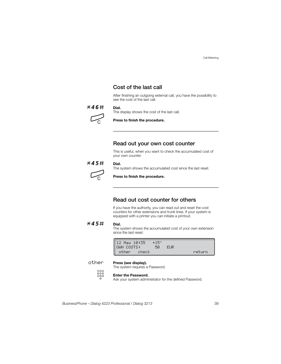 Cost of the last call, Read out your own cost counter, Read out cost counter for others | Sony Ericsson Dialog 4223 User Manual | Page 39 / 132