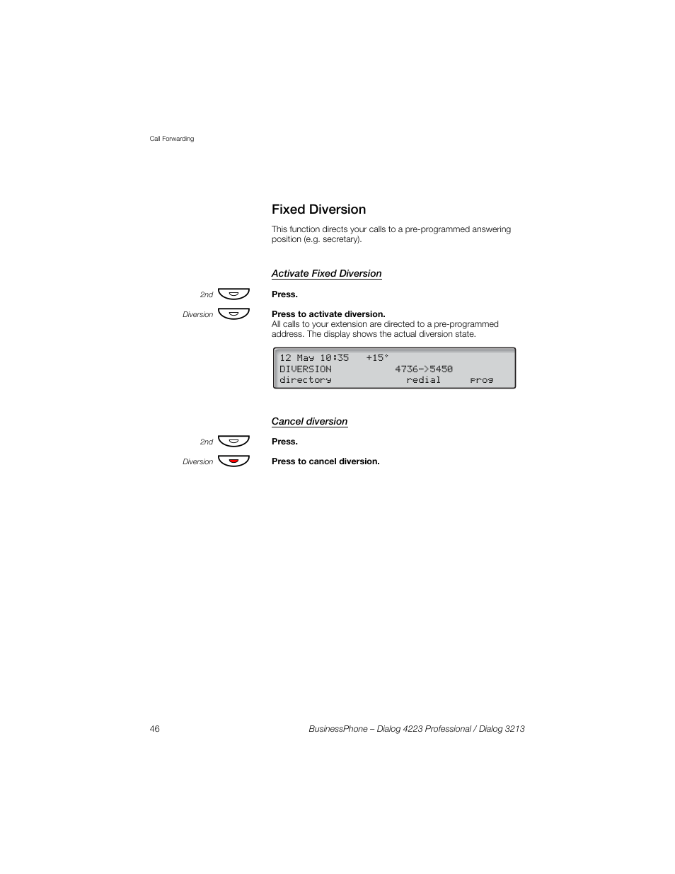 Fixed diversion, Activate fixed diversion, Cancel diversion | Sony Ericsson Dialog 4223 User Manual | Page 46 / 132