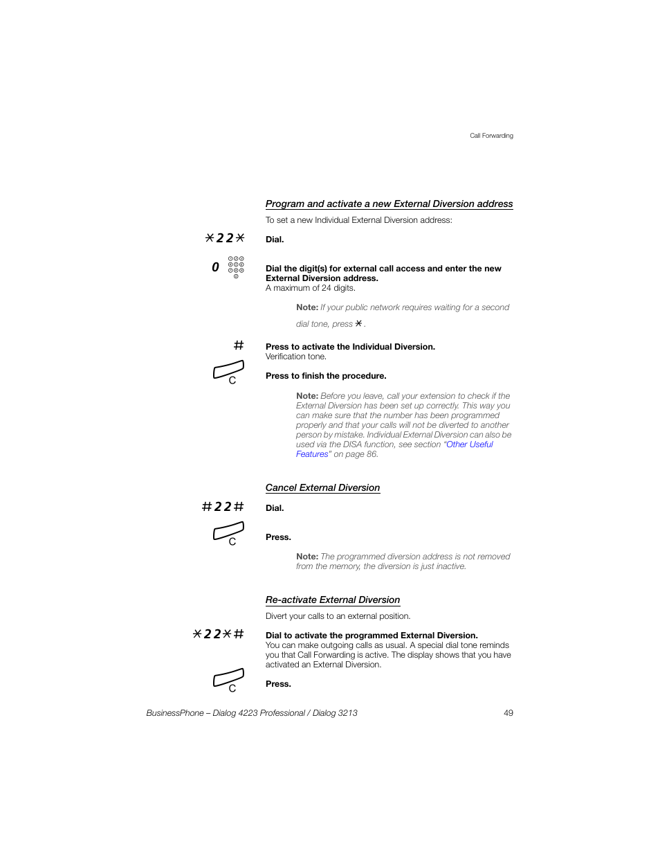 Cancel external diversion, Re-activate external diversion | Sony Ericsson Dialog 4223 User Manual | Page 49 / 132