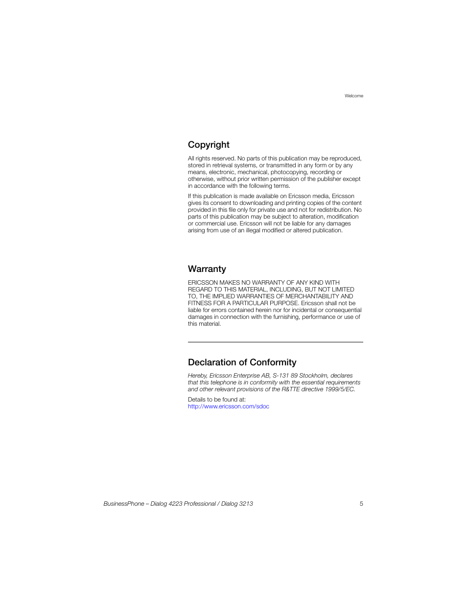 Copyright, Warranty, Declaration of conformity | Sony Ericsson Dialog 4223 User Manual | Page 5 / 132