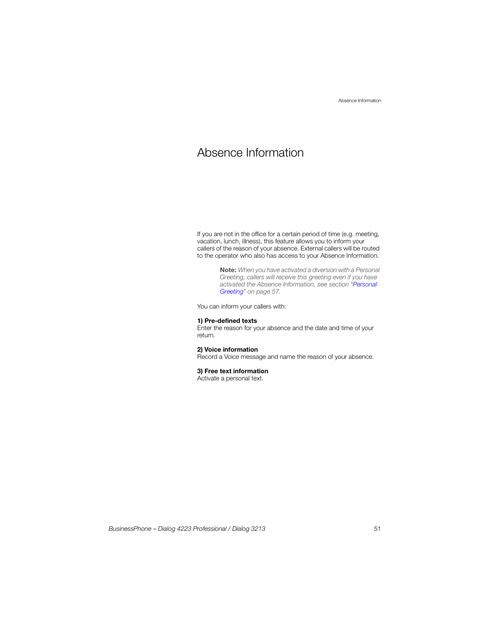 Absence information | Sony Ericsson Dialog 4223 User Manual | Page 51 / 132