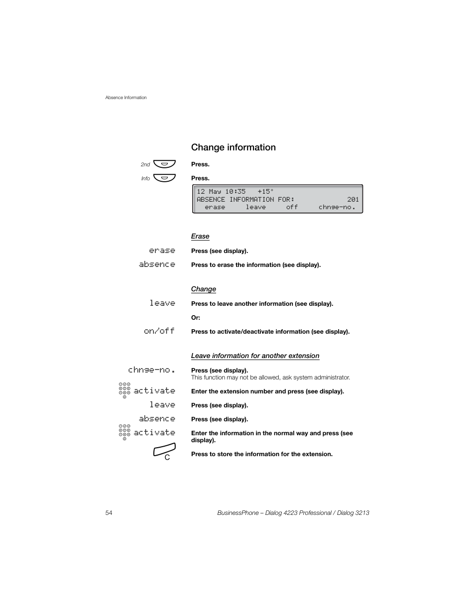 Change information, Erase, Change | Leave information for another extension | Sony Ericsson Dialog 4223 User Manual | Page 54 / 132