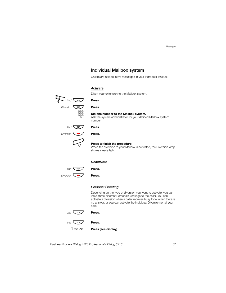 Individual mailbox system, Activate, Deactivate | Personal greeting, Personal, Greeting | Sony Ericsson Dialog 4223 User Manual | Page 57 / 132