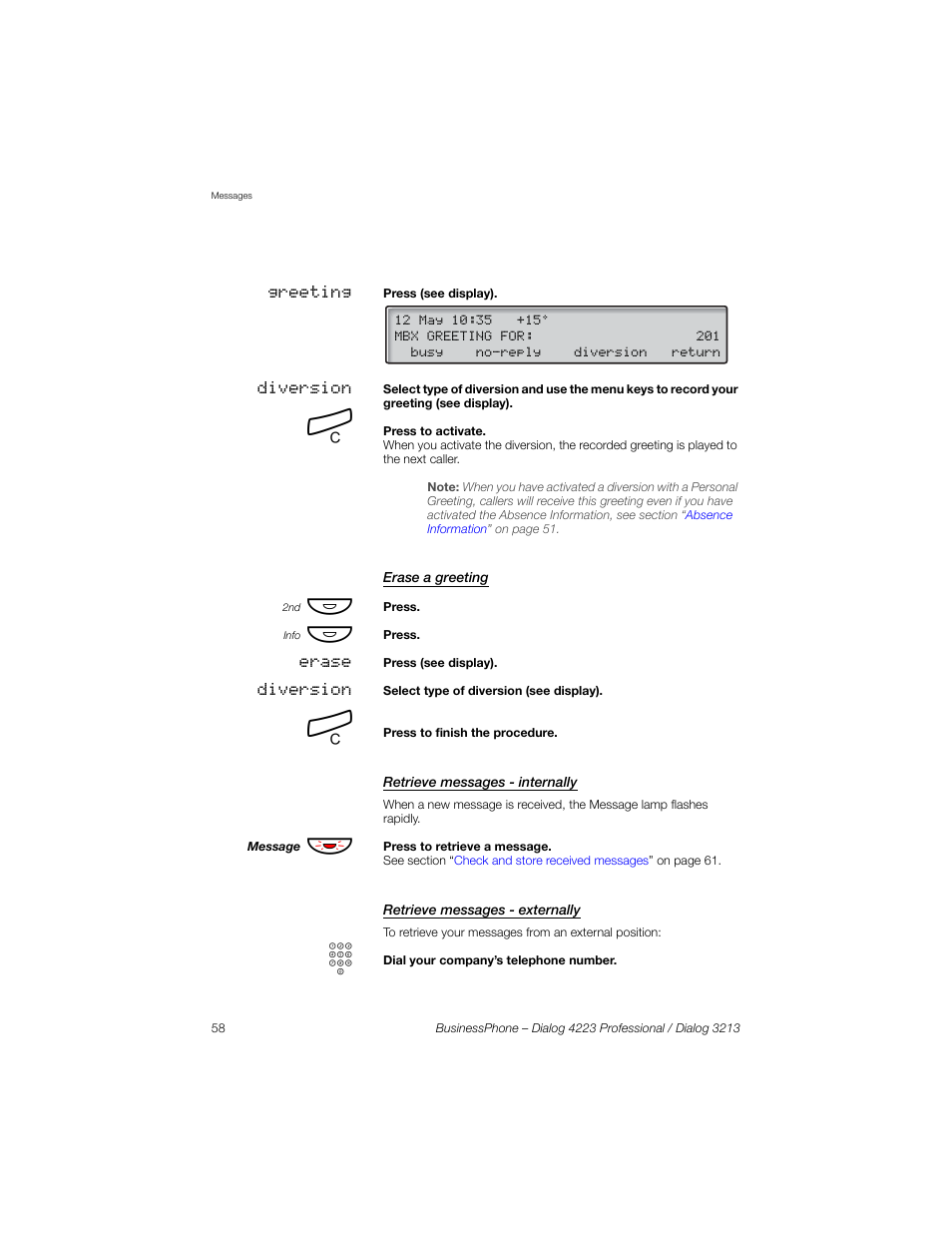 Erase a greeting, Retrieve messages - internally, Retrieve messages - externally | Sony Ericsson Dialog 4223 User Manual | Page 58 / 132