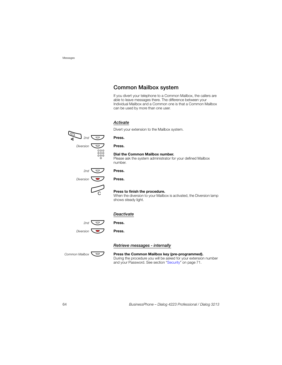 Common mailbox system, Activate, Deactivate | Retrieve messages - internally | Sony Ericsson Dialog 4223 User Manual | Page 64 / 132