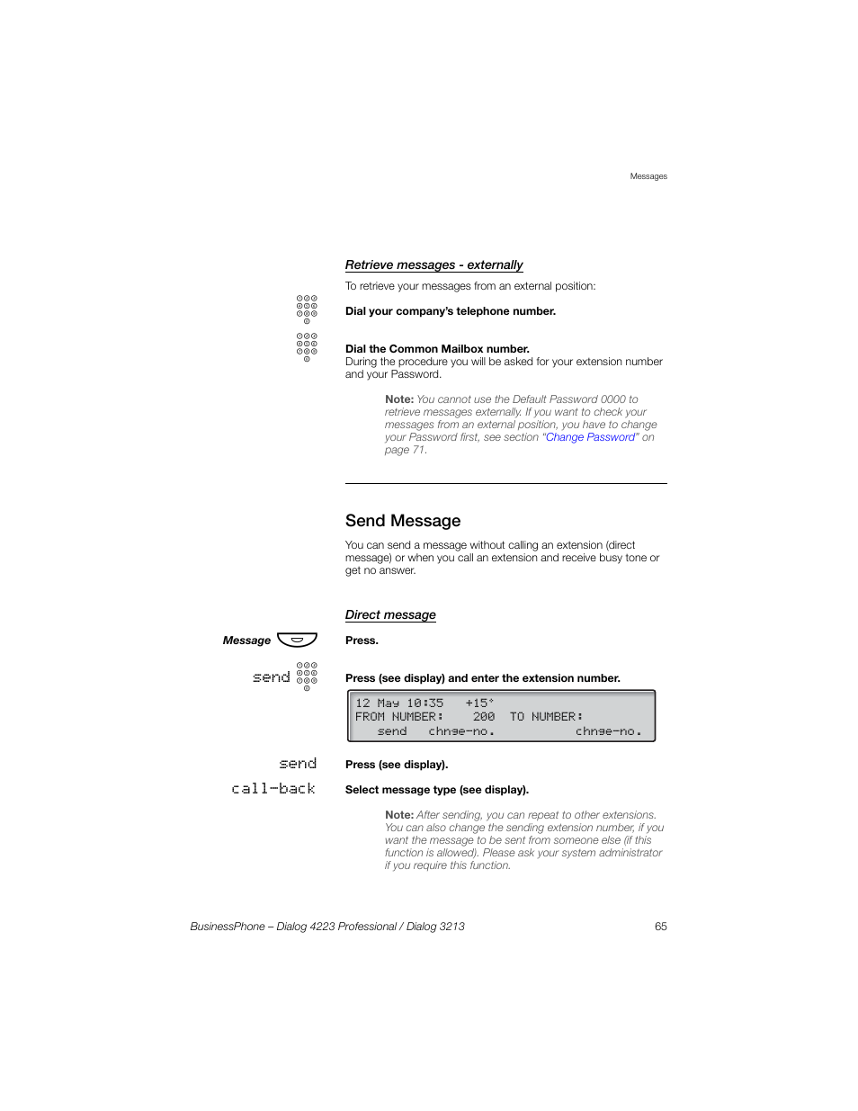 Retrieve messages - externally, Send message, Direct message | Sony Ericsson Dialog 4223 User Manual | Page 65 / 132