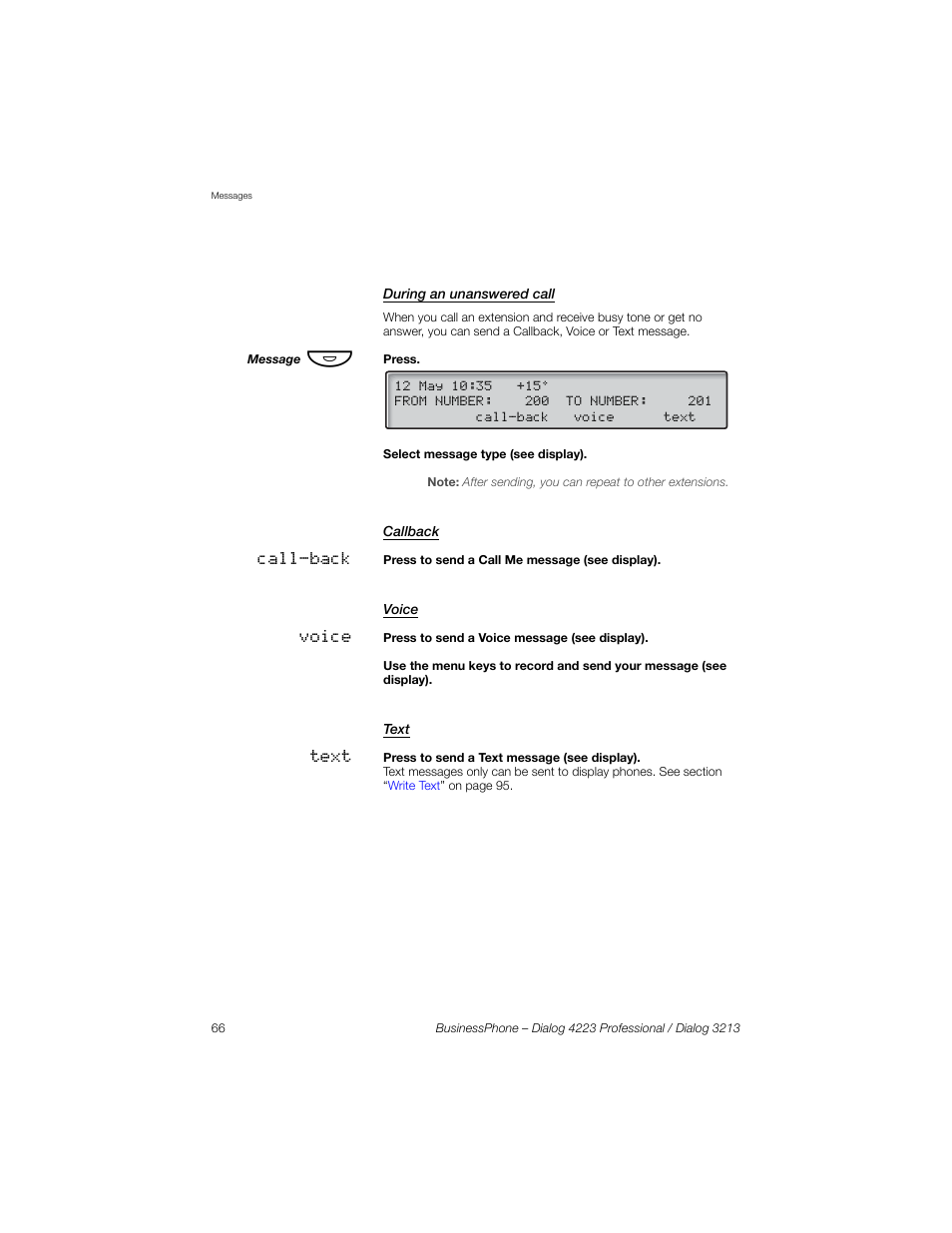 During an unanswered call, Callback, Voice | Text | Sony Ericsson Dialog 4223 User Manual | Page 66 / 132