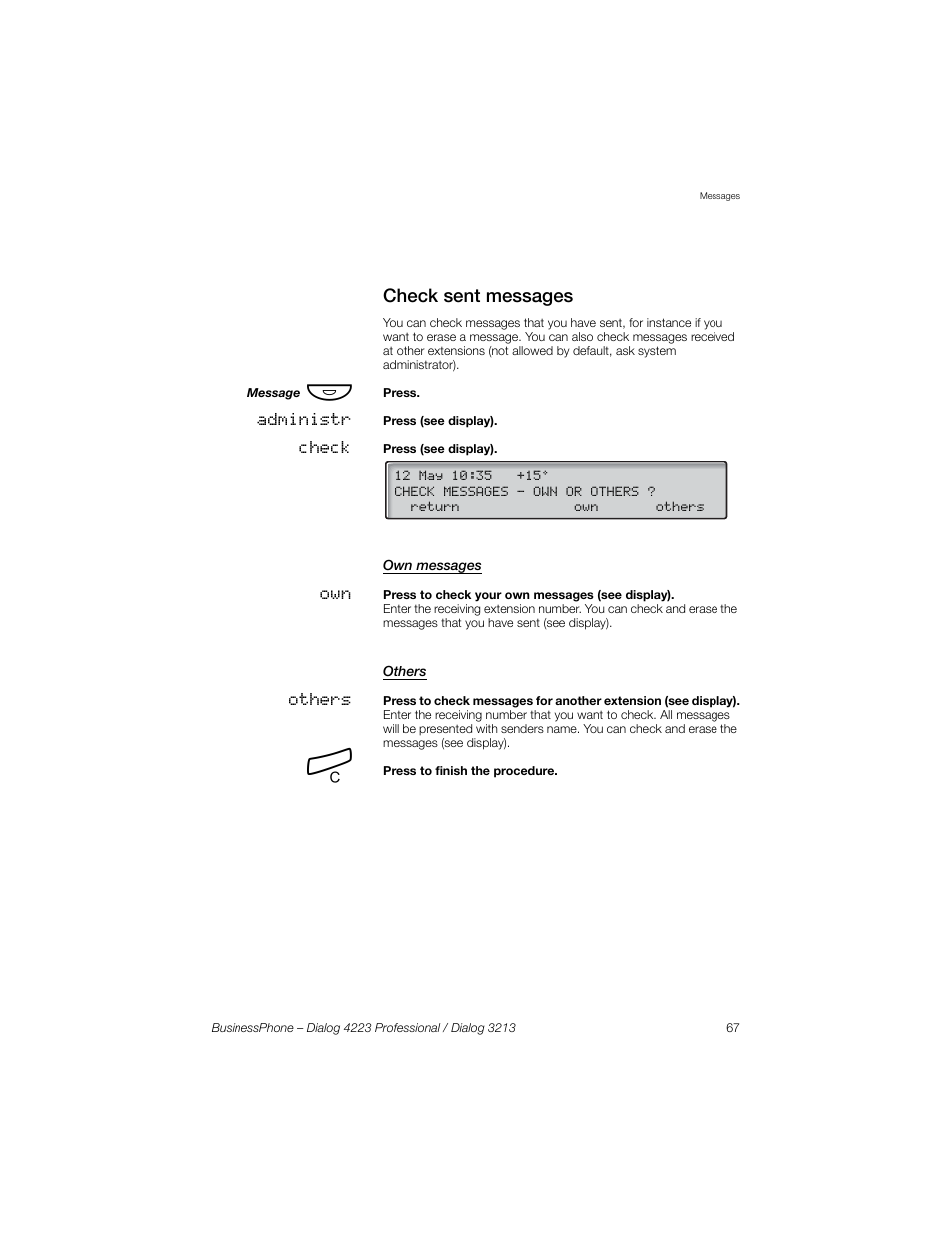 Check sent messages, Own messages, Others | Sony Ericsson Dialog 4223 User Manual | Page 67 / 132