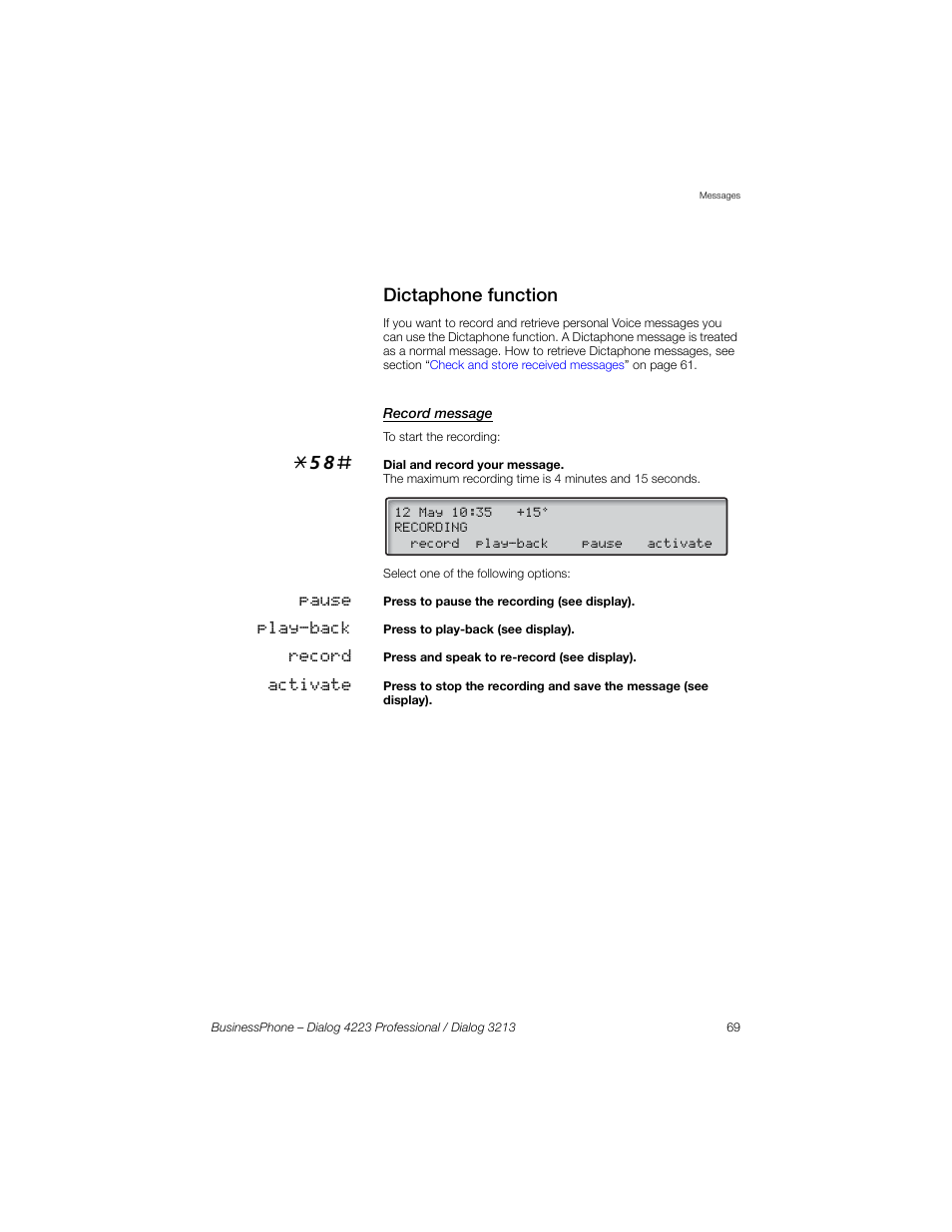 Dictaphone function, Record message | Sony Ericsson Dialog 4223 User Manual | Page 69 / 132