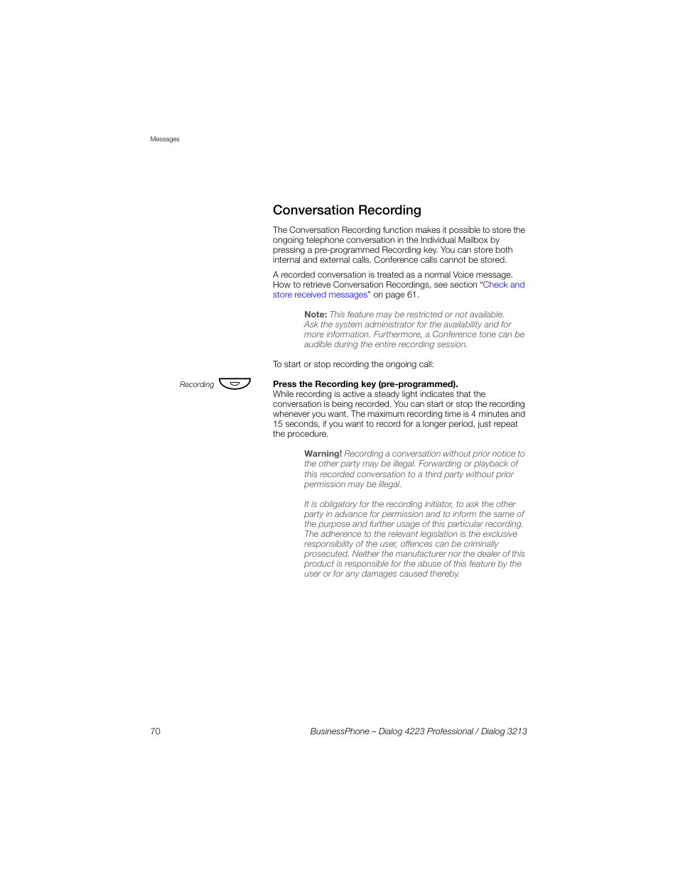 Conversation recording | Sony Ericsson Dialog 4223 User Manual | Page 70 / 132