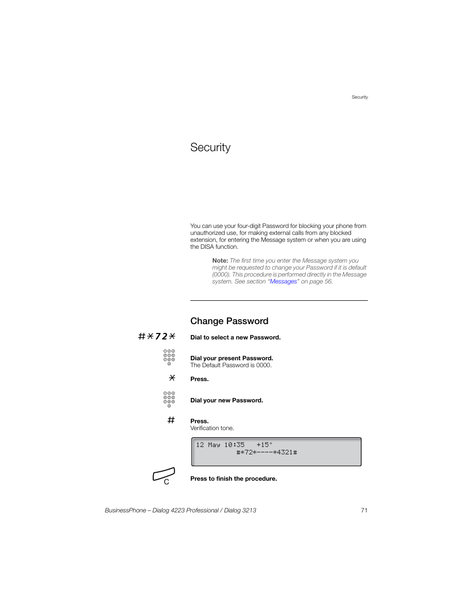 Security, Change password, Section | Change, Password | Sony Ericsson Dialog 4223 User Manual | Page 71 / 132