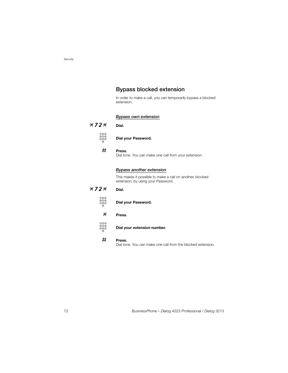 Bypass blocked extension, Bypass own extension, Bypass another extension | Sony Ericsson Dialog 4223 User Manual | Page 72 / 132