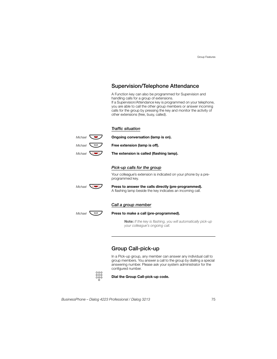 Supervision/telephone attendance, Traffic situation, Pick-up calls for the group | Call a group member, Group call-pick-up | Sony Ericsson Dialog 4223 User Manual | Page 75 / 132