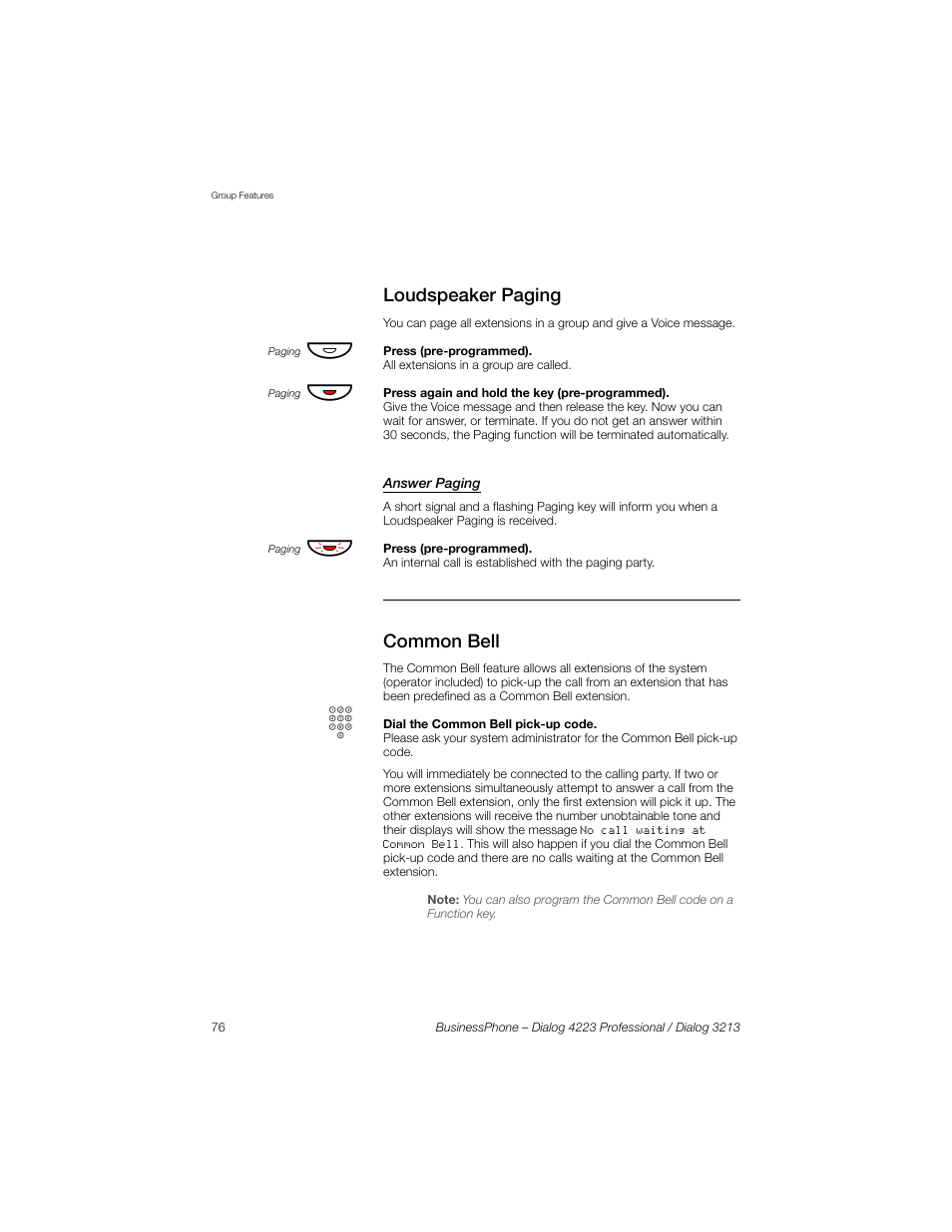 Loudspeaker paging, Answer paging, Common bell | Sony Ericsson Dialog 4223 User Manual | Page 76 / 132