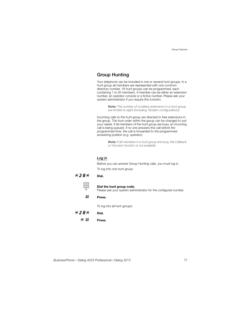 Group hunting, Log in | Sony Ericsson Dialog 4223 User Manual | Page 77 / 132