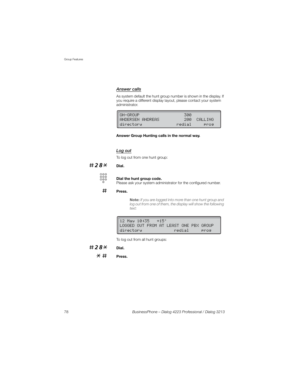 Answer calls, Log out | Sony Ericsson Dialog 4223 User Manual | Page 78 / 132