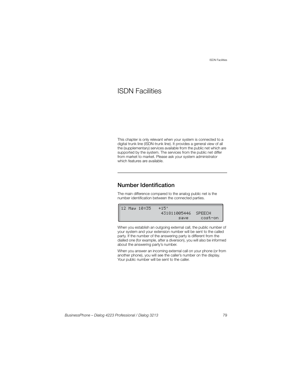 Isdn facilities, Number identification | Sony Ericsson Dialog 4223 User Manual | Page 79 / 132