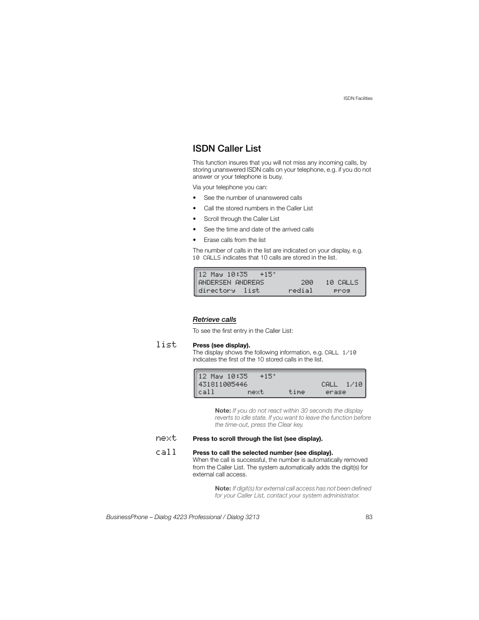 Isdn caller list, Retrieve calls | Sony Ericsson Dialog 4223 User Manual | Page 83 / 132