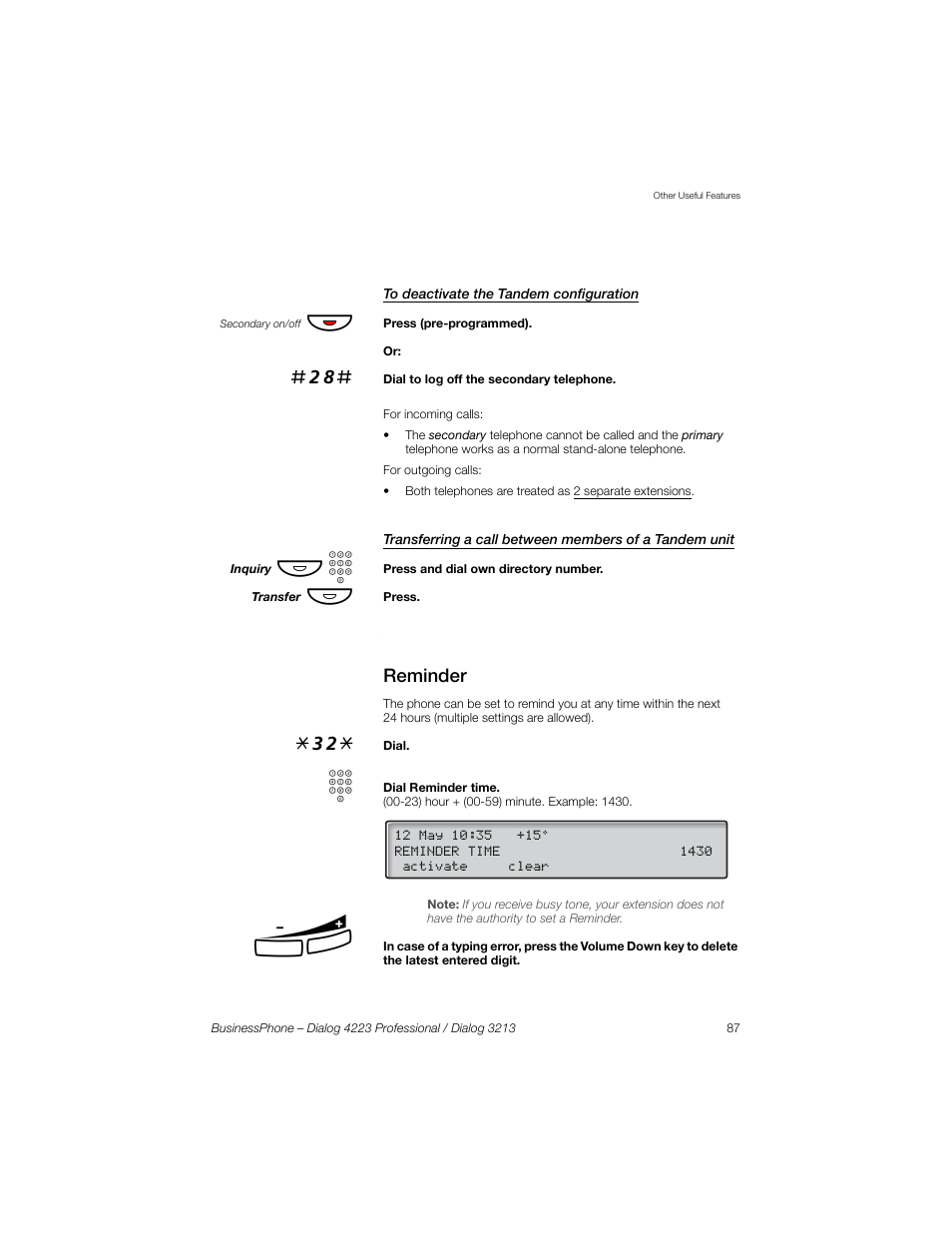 To deactivate the tandem configuration, Reminder | Sony Ericsson Dialog 4223 User Manual | Page 87 / 132