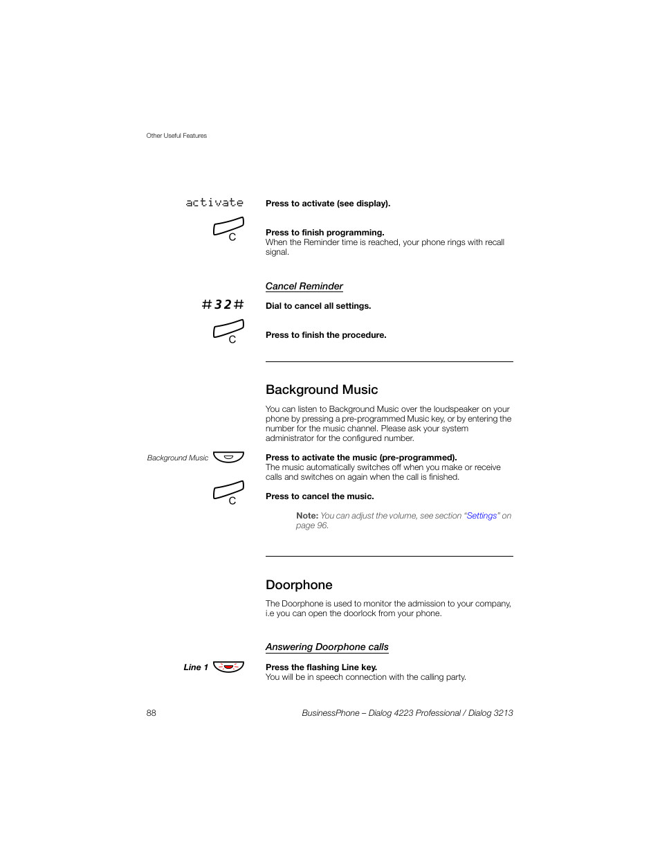 Cancel reminder, Background music, Doorphone | Answering doorphone calls | Sony Ericsson Dialog 4223 User Manual | Page 88 / 132