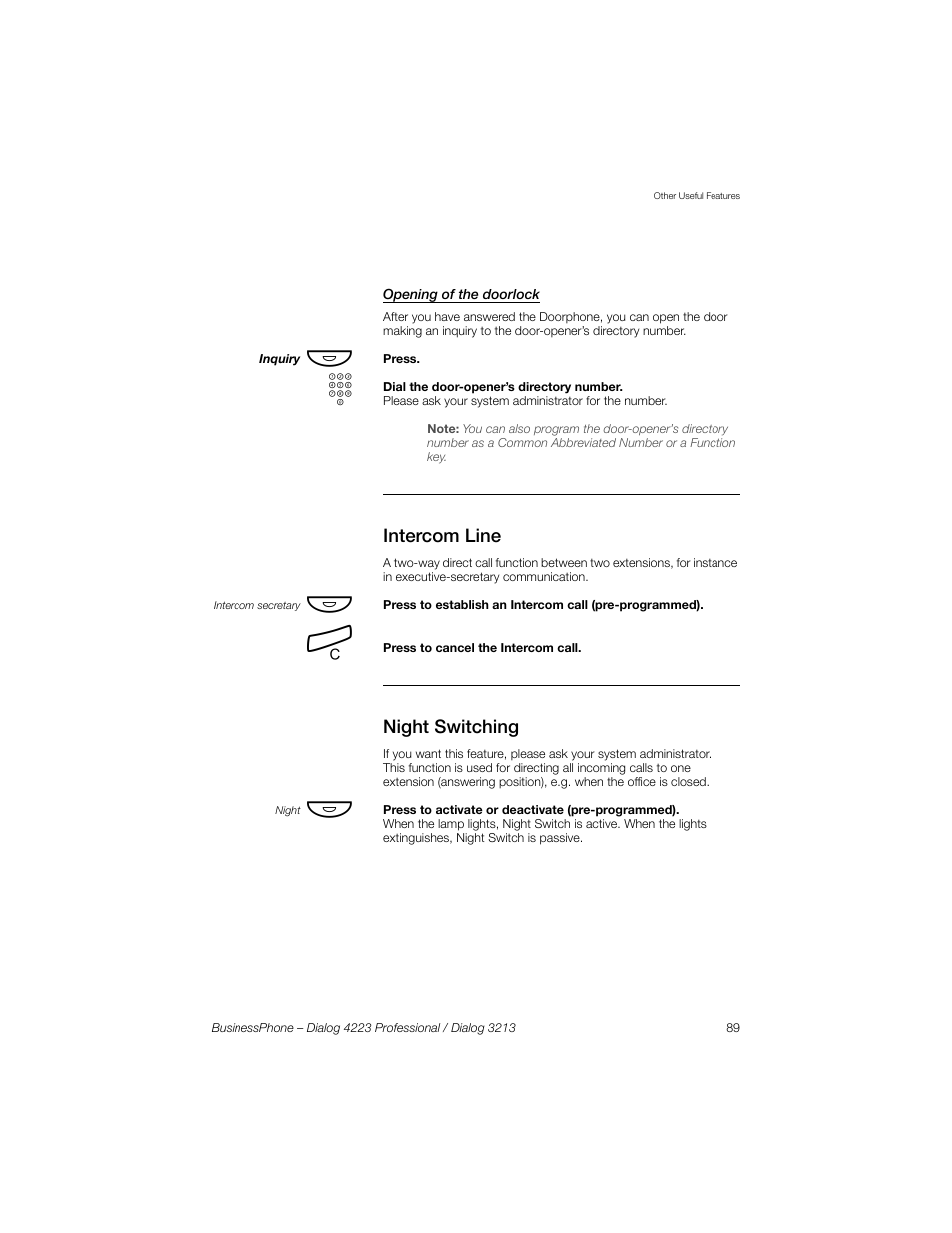 Opening of the doorlock, Intercom line, Night switching | Sony Ericsson Dialog 4223 User Manual | Page 89 / 132