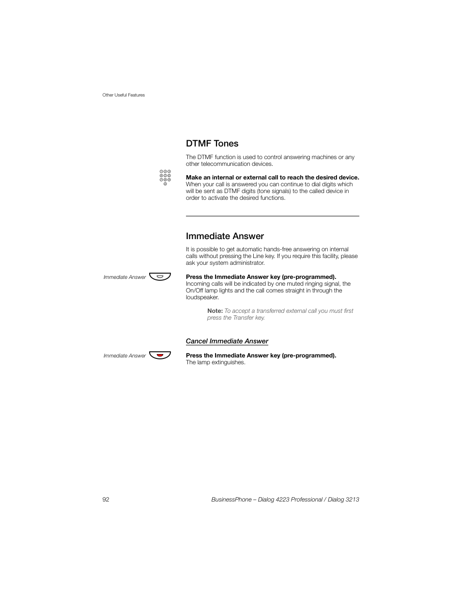 Dtmf tones, Immediate answer, Cancel immediate answer | Sony Ericsson Dialog 4223 User Manual | Page 92 / 132