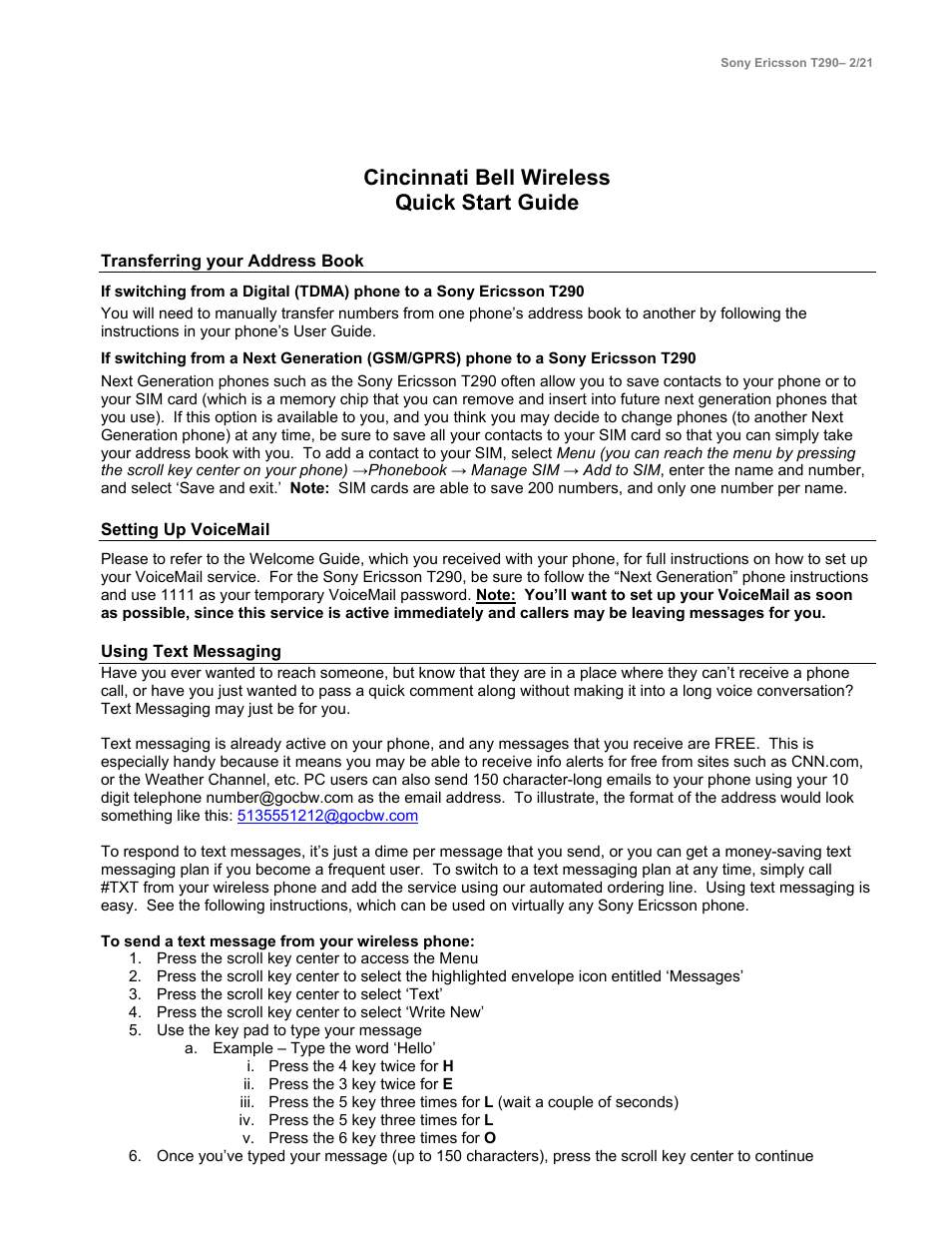 Sony Ericsson CINCINNATI BELL T290 User Manual | 8 pages