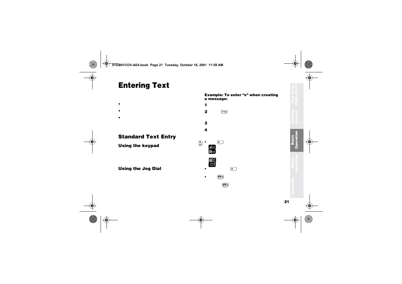 Entering text, Standard text entry | Sony Ericsson CMD-J7 User Manual | Page 21 / 68