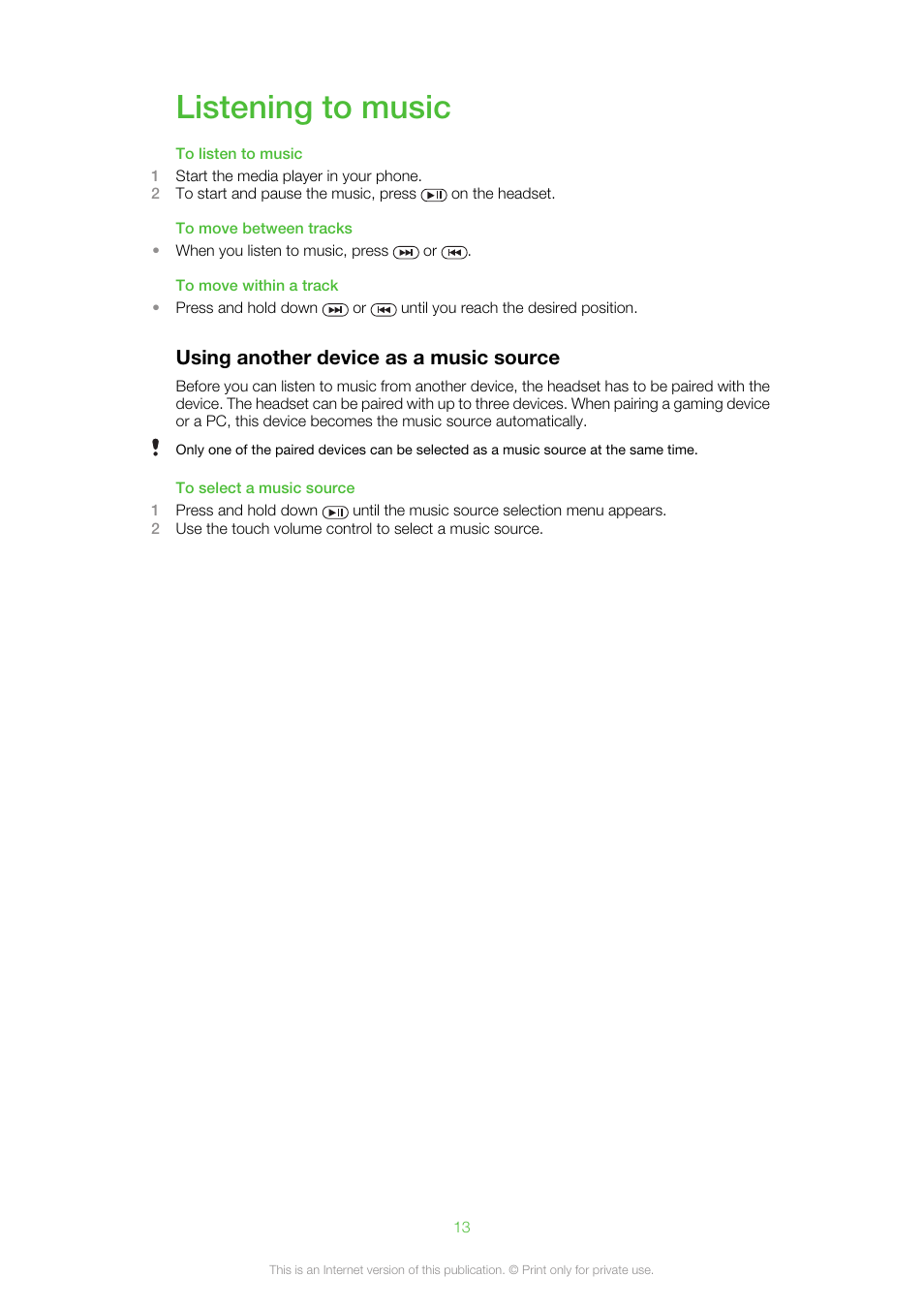 Listening to music, Using another device as a music source | Sony Ericsson MW600 User Manual | Page 13 / 20