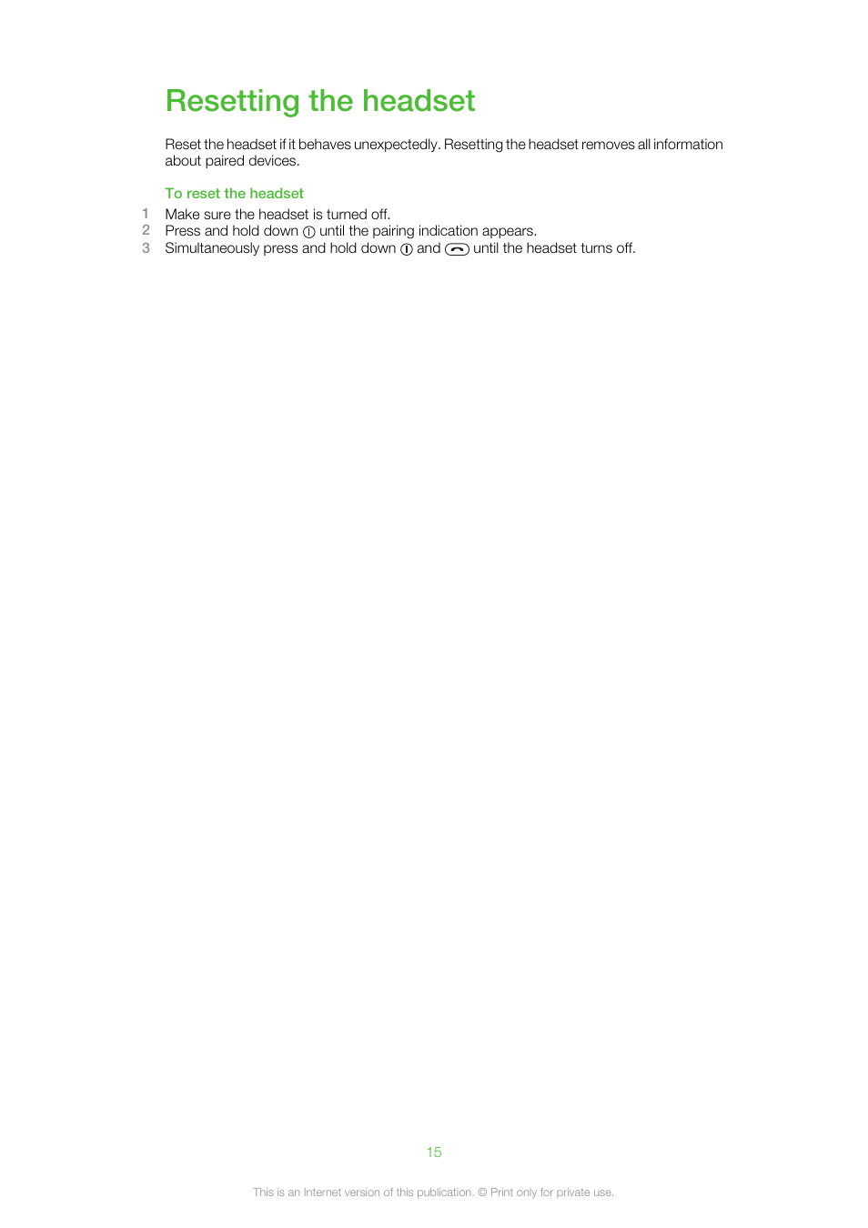 Resetting the headset | Sony Ericsson MW600 User Manual | Page 15 / 20