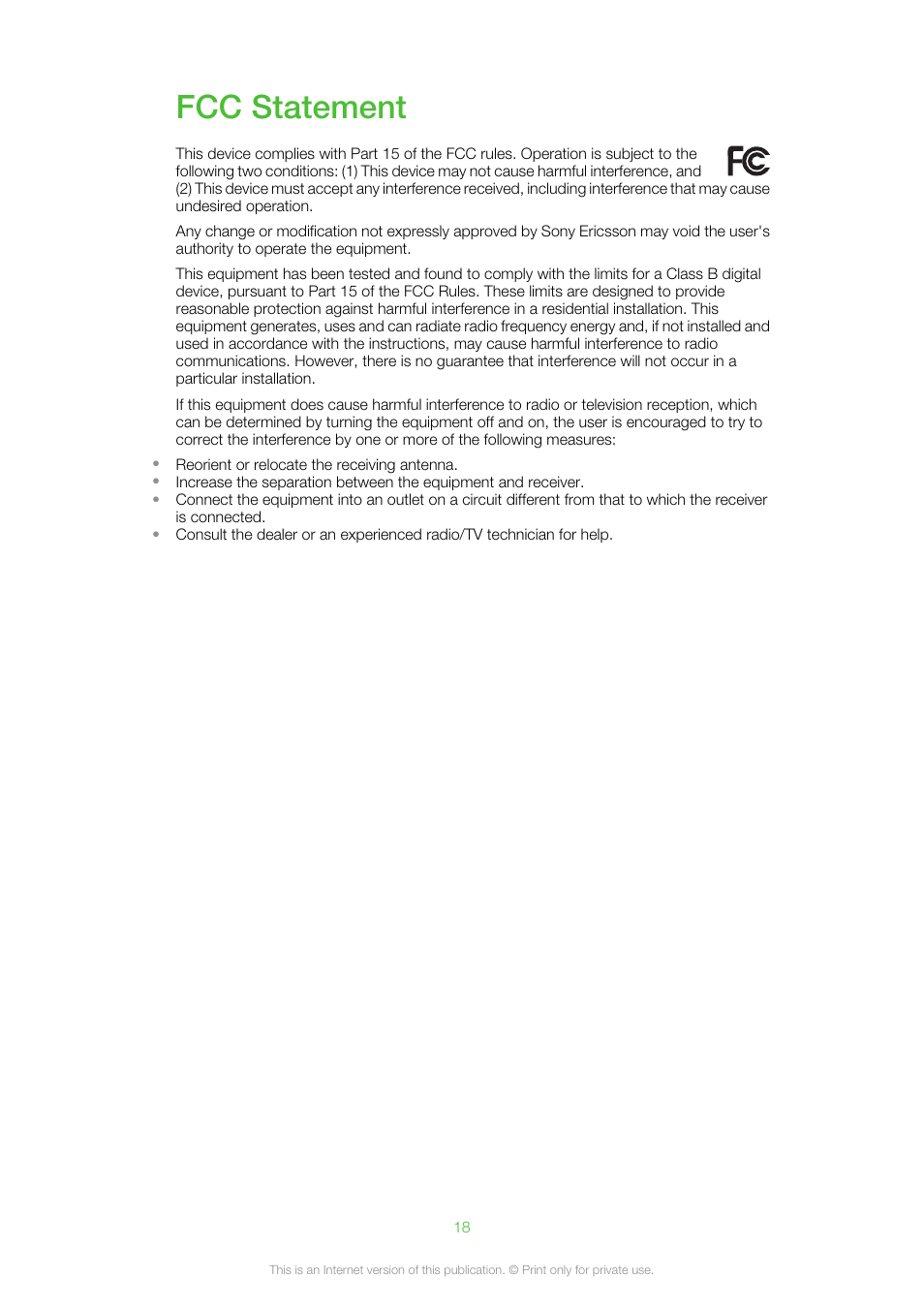 Fcc statement | Sony Ericsson MW600 User Manual | Page 18 / 20
