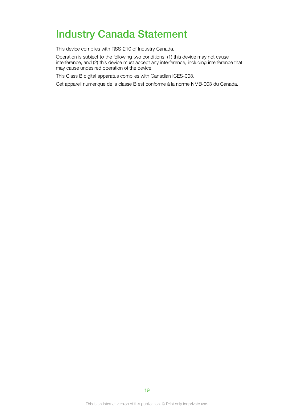 Industry canada statement | Sony Ericsson MW600 User Manual | Page 19 / 20