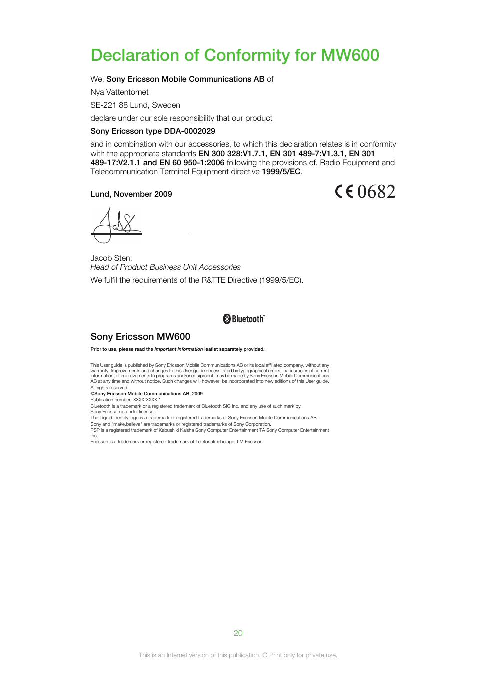 Declaration of conformity for mw600, Sony ericsson mw600 | Sony Ericsson MW600 User Manual | Page 20 / 20