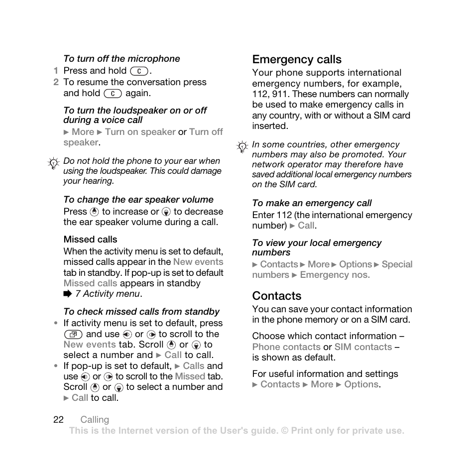 And call list, 22 contacts, Emergency calls | Contacts | Sony Ericsson K550 User Manual | Page 22 / 97