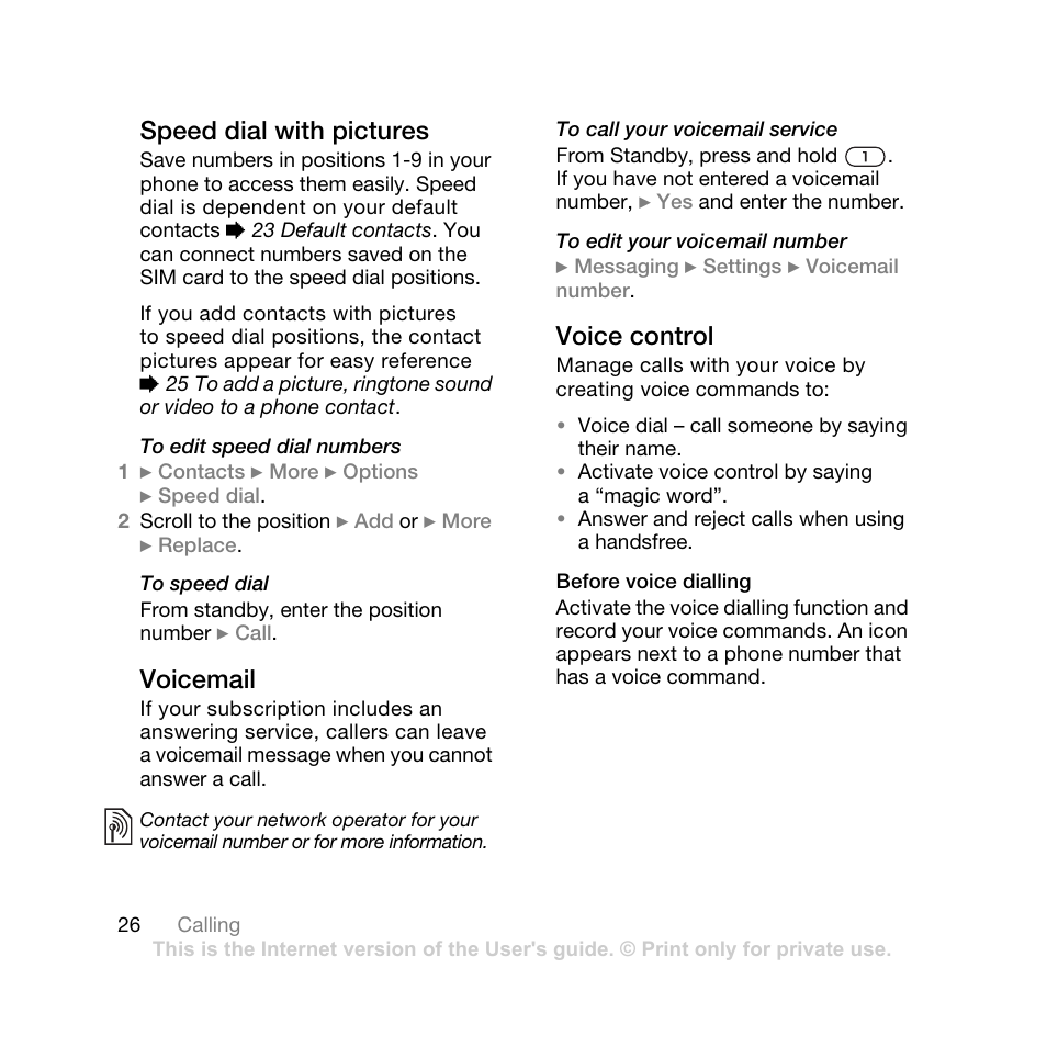 26 voice control, Speed dial with pictures, Voicemail | Voice control | Sony Ericsson K550 User Manual | Page 26 / 97