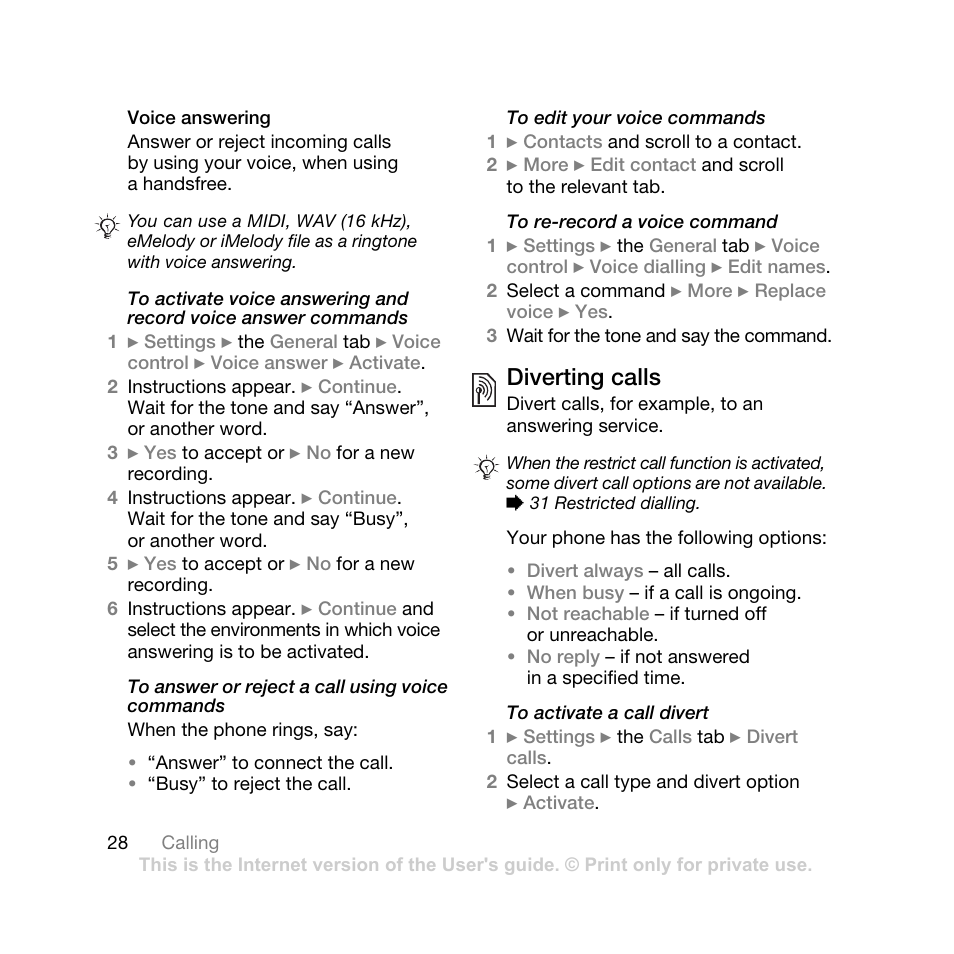 Diverting calls | Sony Ericsson K550 User Manual | Page 28 / 97