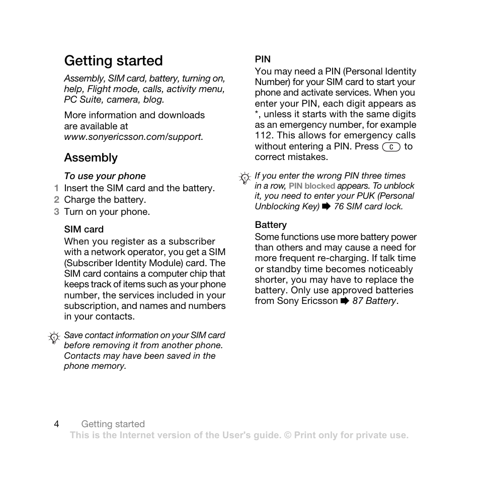 Getting started, Assembly | Sony Ericsson K550 User Manual | Page 4 / 97